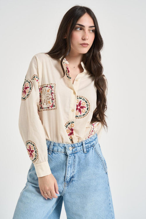 Camicia donna con ricami boho panna - 2