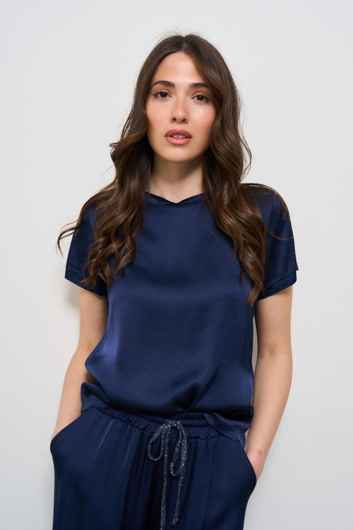 T-shirt donna girocollo satinata blu - 1
