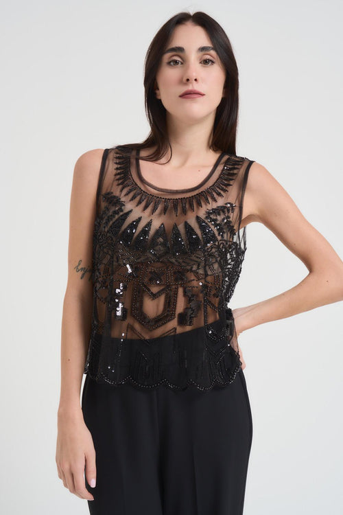 Top tulle donna con applicazioni nero - 2