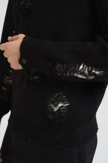 Felpa uomo girocollo con rotture nera - 3