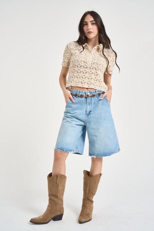 Polo donna in maglia cropped latte