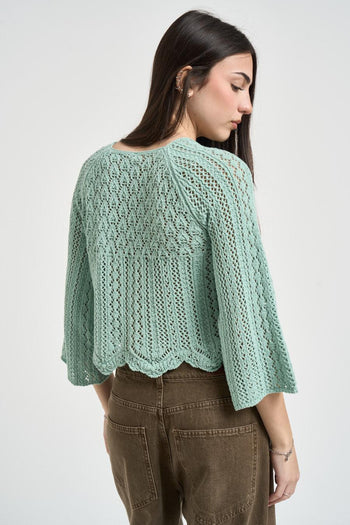 Maglia donna corta traforata verde acqua - 3