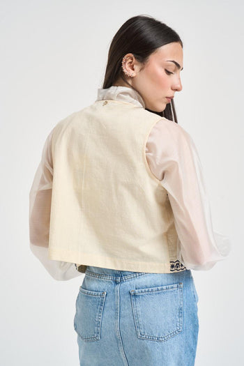 Gilet donna panna con ricami floreali blu - 4