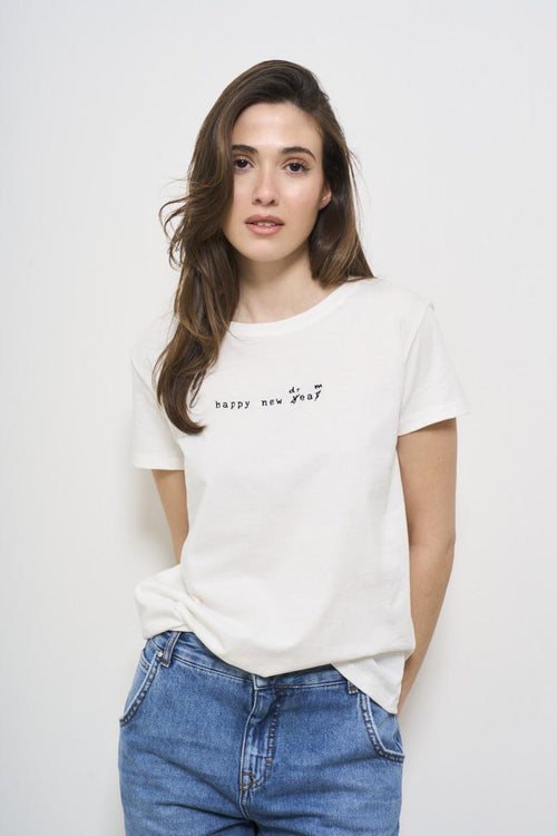 White women's crew neck t-shirt with embroidery