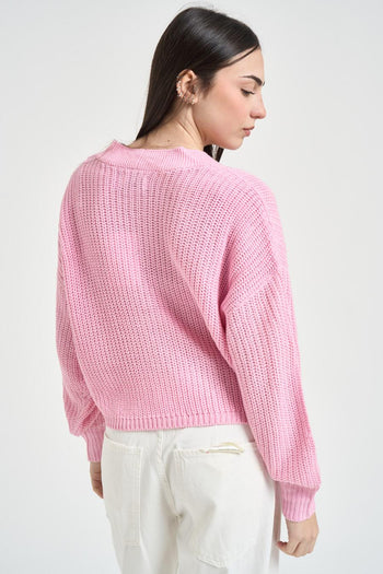 Cardigan donna in maglia rosa - 5