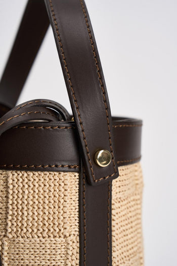 Borsa donna secchiello beige e marrone in rafia - 4