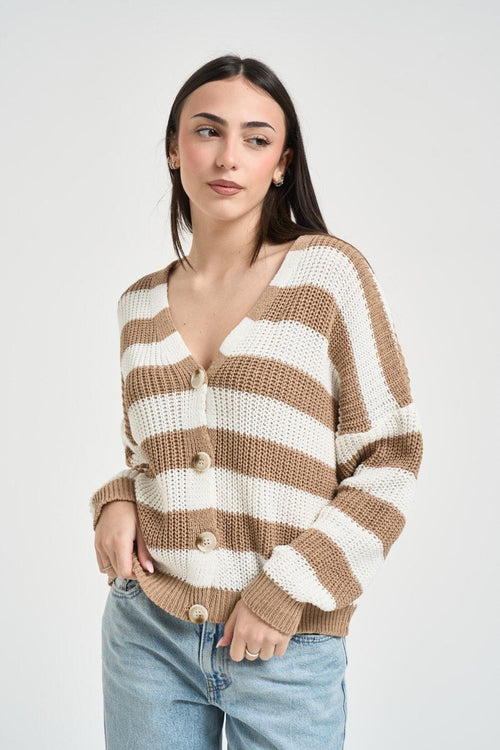Cardigan donna a righe bianche e beige - 1