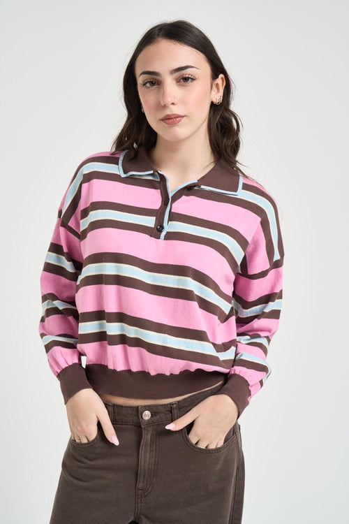 Polo donna a righe marrone e rosa