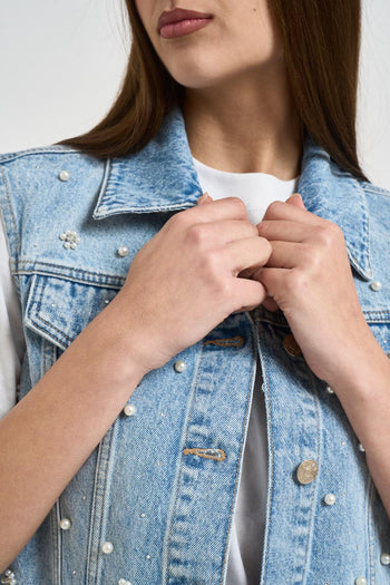 Gilet donna in denim azzurro con perle - 3