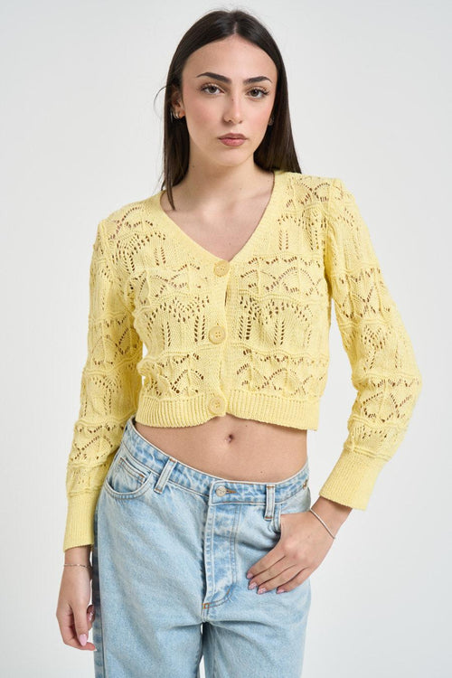 Cardigan donna cropped in maglia traforata giallo