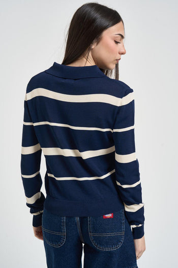 Polo donna in viscosa a righe blu - 3