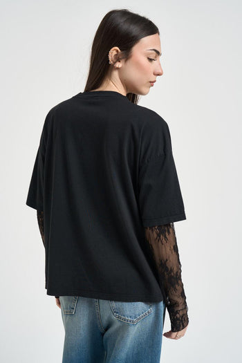 T-shirt donna nera con maniche in pizzo - 3
