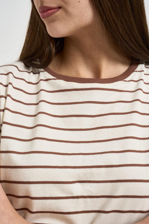 T-shirt donna girocollo a righe marrone - 2