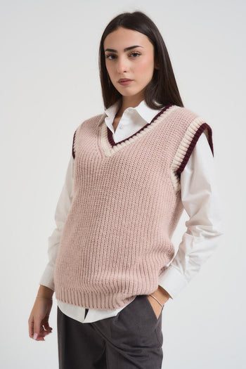 Gilet donna scollo a V rosa e bordeaux - 4