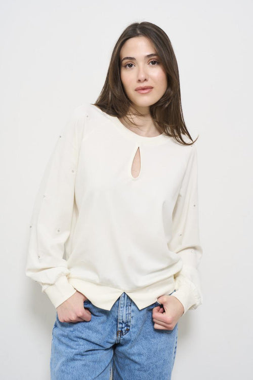 Women's cream sweatshirt with teardrop opening