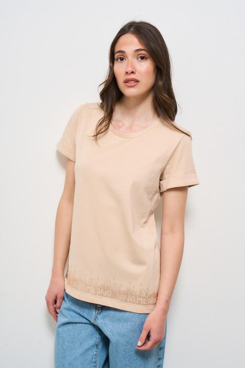 T-shirt donna beige con strass