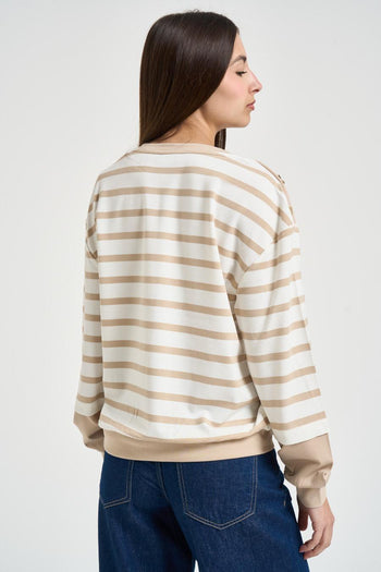 Felpa donna girocollo a righe beige - 3