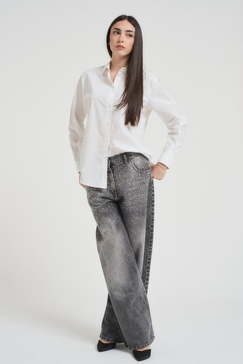 Jeans donna wide leg grigio con strass
