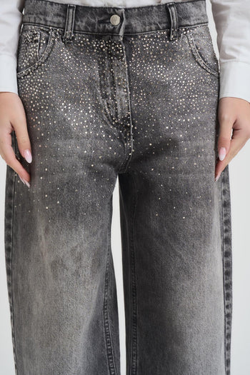 Jeans donna wide leg grigio con strass - 7