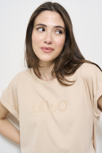 Beige women's T-shirt with front logo - 3
