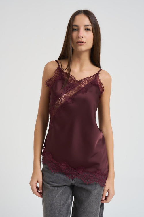 Top donna satinato in pizzo melanzana