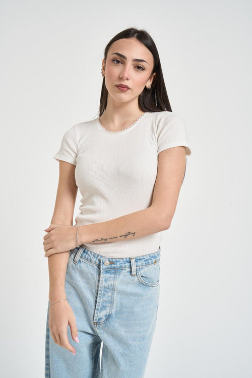 T-shirt donna a costine panna