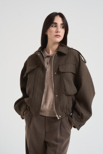 Bomber donna gessato in fresco lana marrone - 3