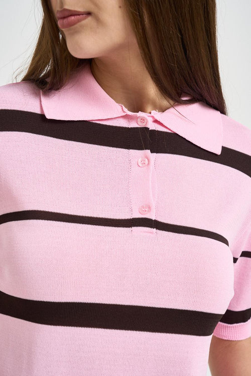 Polo donna a righe rosa e marrone - 2