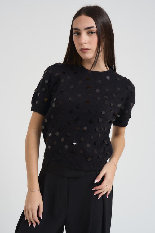 T-shirt donna cropped con paillettes nera - 2