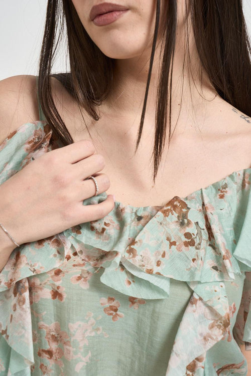 Top donna con volant verde floreale - 2