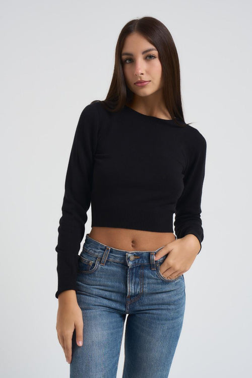 Maglia donna girocollo cropped nera - 2