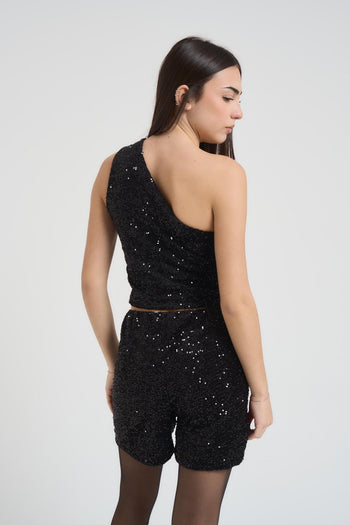Top donna monospalla con paillettes nera - 4
