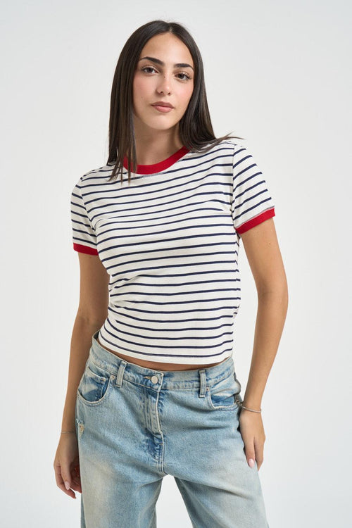 T-shirt donna a righe bianche e blu - 1