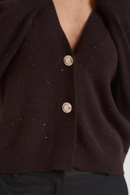 Cardigan donna scollo a V con strass marrone - 2