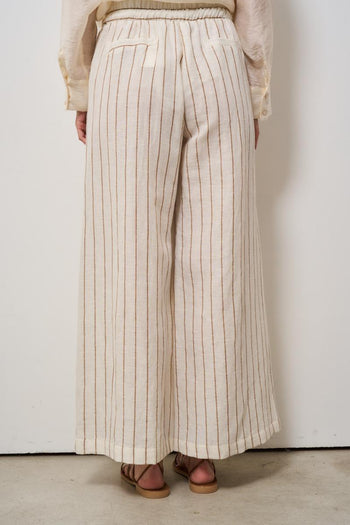 Pantalone donna gessato in lino panna - 4