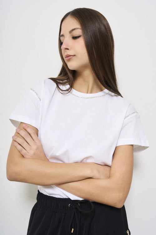 T-shirt donna girocollo bianca con strass - 2