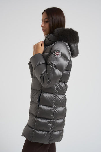 Piumino donna trapuntato con bordo in vera pelliccia grigio - 6