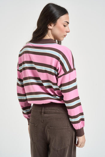Polo donna a righe marrone e rosa - 3