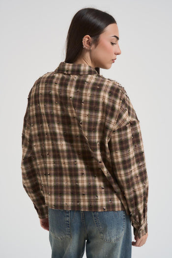 Camicia donna tartan beige e marrone con strass - 4