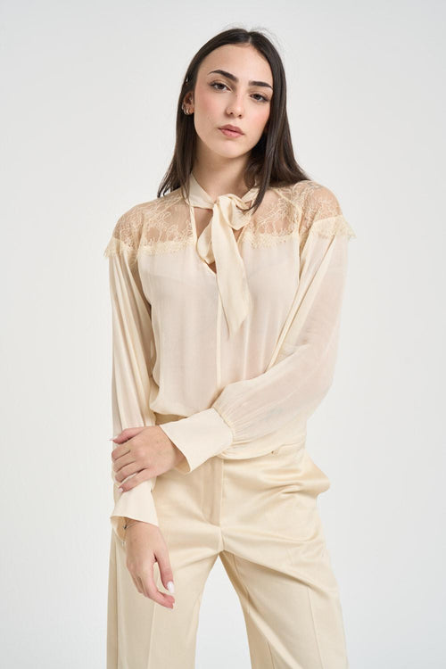 Camicia donna con inserti in pizzo panna<BR/>