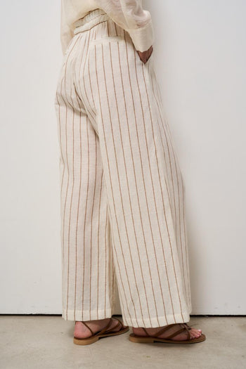 Pantalone donna gessato in lino panna - 5