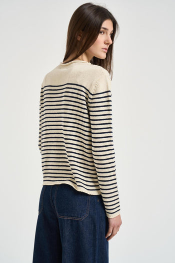 Maglia donna a righe panna e blu - 3