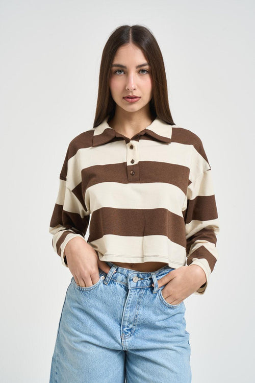 Polo donna a righe marrone e panna