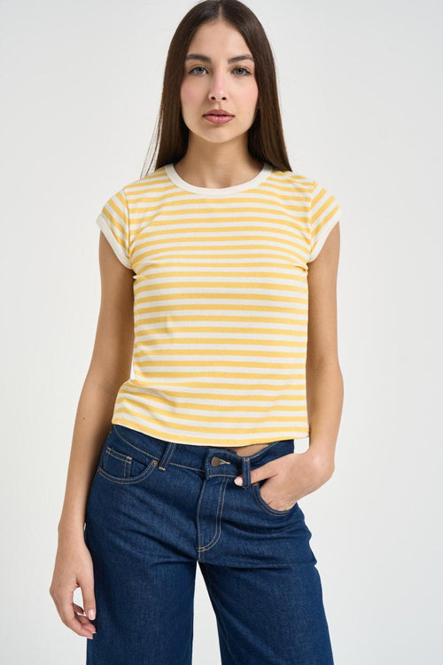 T-shirt donna a righe gialla e bianca