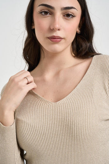Maglia donna a costine beige - 3
