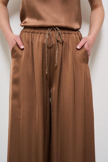 Pantalone donna a palazzo satinato marrone - 6