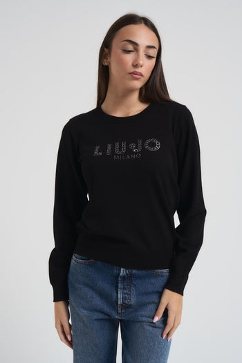 Maglia donna girocollo nera con strass - 3