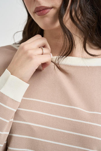 Maglia donna scollo a barca beige e bianca - 3