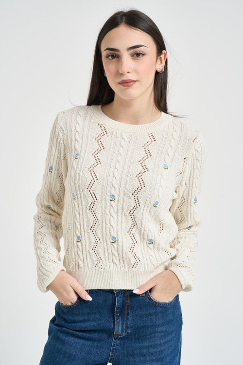 Maglia donna traforata ecru con fiorellini - 1