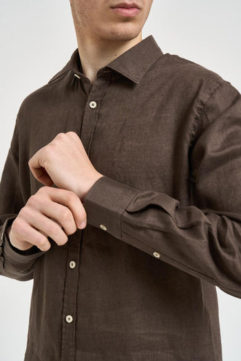 Camicia uomo in lino marrone - 3
